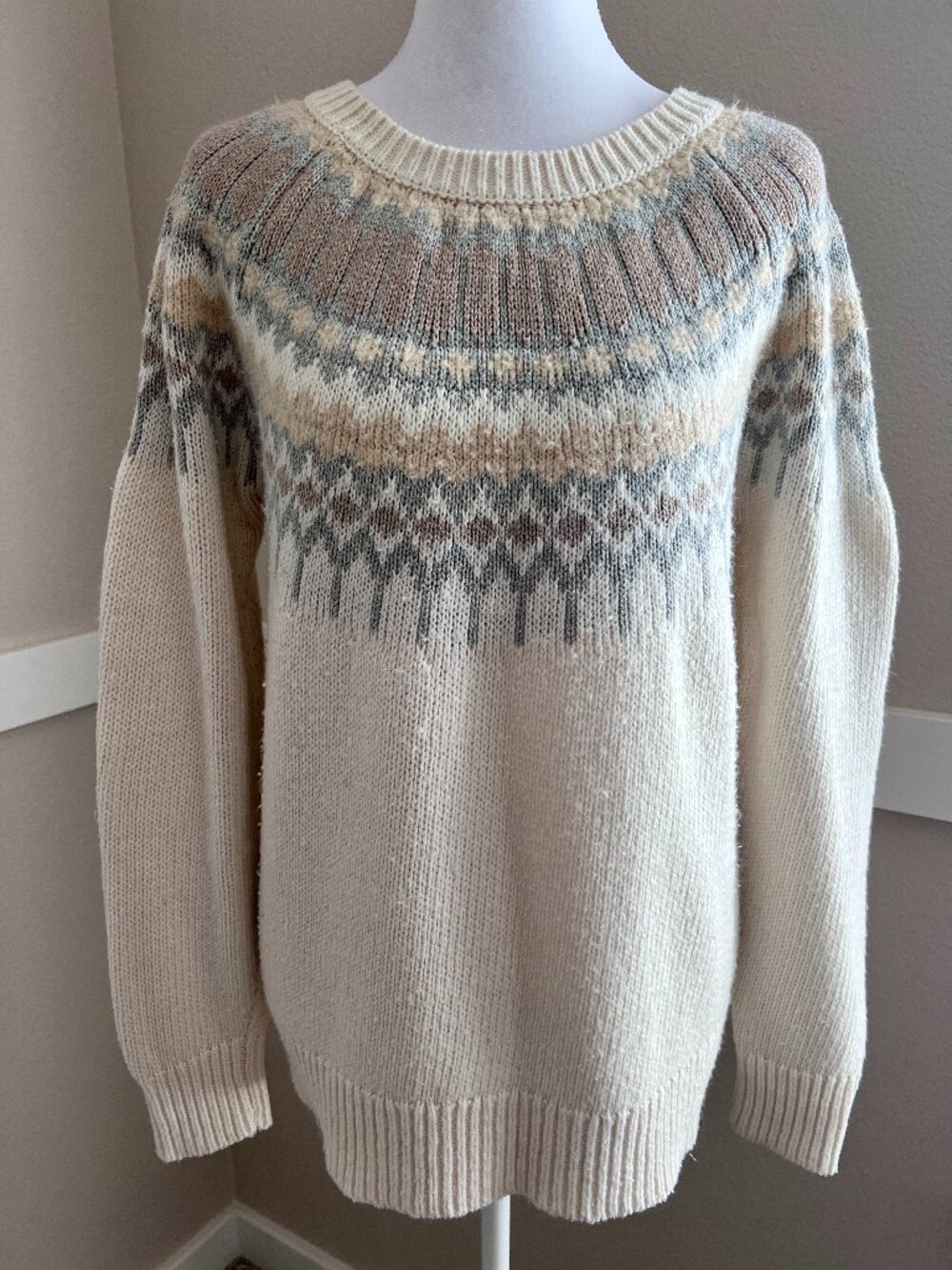 Banana Republic Fair Isle Neutral Circular Yoke Knit Pullover Sweater - Large